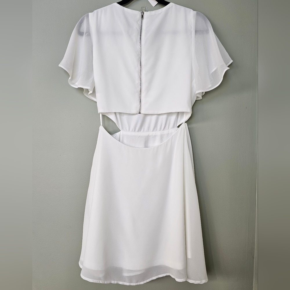 Lulus Blissful Love Ivory Cutout Mini Skater Dress, Flutter Chiffon Sleeves - Picture 9 of 11